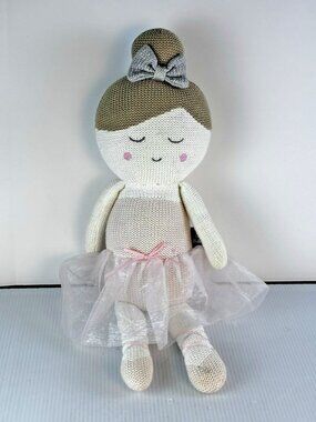 Living Textiles Emma Ballerina 17" Doll Plush Knitted Toy Rattle Pink Silver Bow